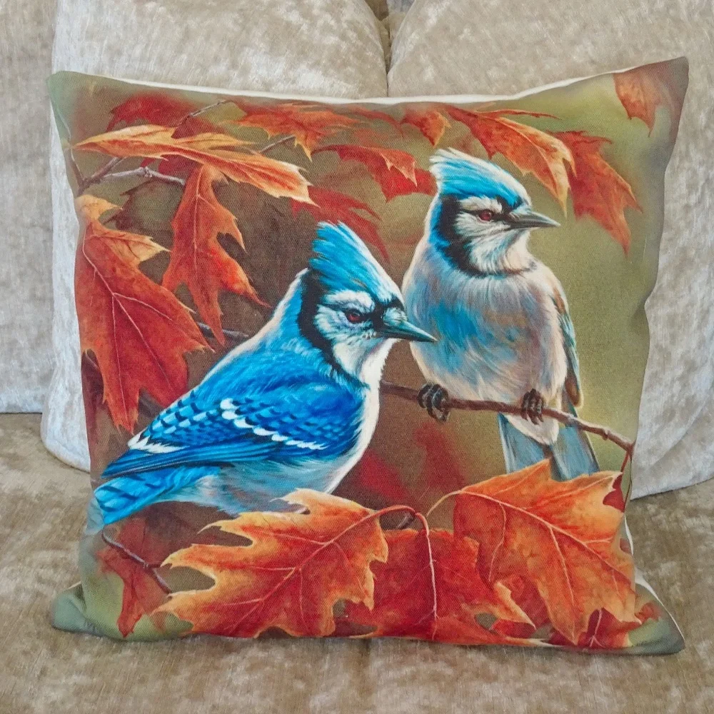 Danbury Mint Millette Wild Wings Blue Jay Bird Fall Decorative Accent Pillow